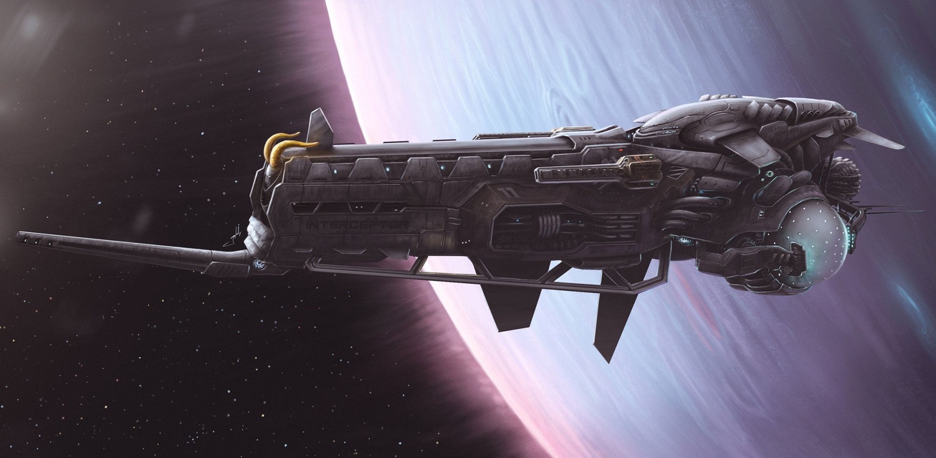 Sci Fi spaceship near a glowing purple gas giant — HD PC desktop wallpaper and background featuring a detailed hull, engine glow, and distant starfield.