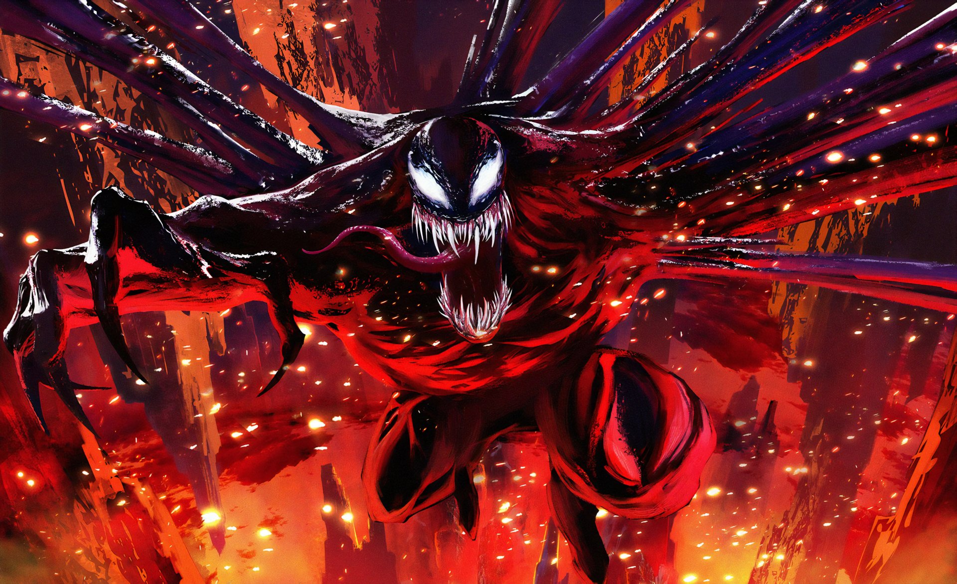 Venom from the movie shown in a dynamic pose with sharp teeth and extended tendrils, rendered in vibrant reds and blacks as an 8K Ultra HD PC desktop wallpaper.