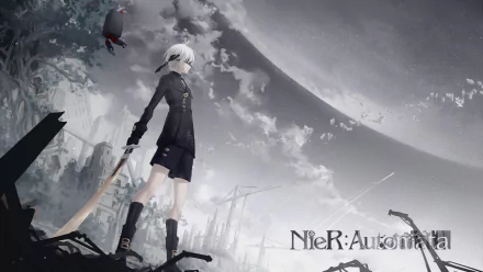 HD PC desktop wallpaper featuring YoRHa No.9 Type S from the video game NieR: Automata, set against a dramatic, post-apocalyptic landscape.
