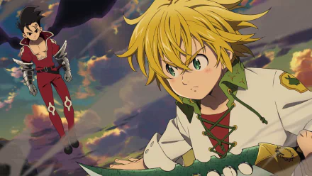 HD PC desktop wallpaper: Meliodas and Zeldris from The Seven Deadly Sins in an anime action scene, poised for battle beneath a stormy, clouded sky.