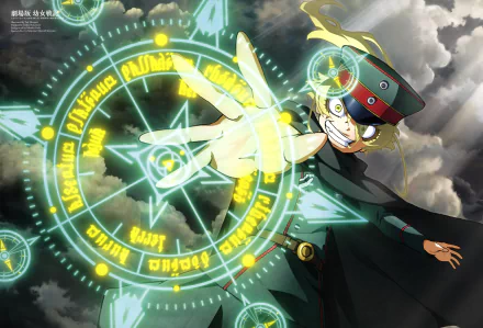 HD desktop wallpaper featuring Tanya Degurechaff from the anime Youjo Senki, depicted in a dynamic pose with magical symbols glowing in the background.