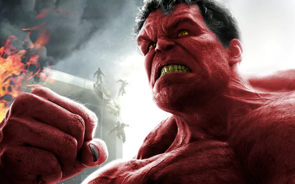 Close-up of Red Hulk roaring and clenching his fist in an intense comic-style 4K Ultra HD PC desktop wallpaper background.
