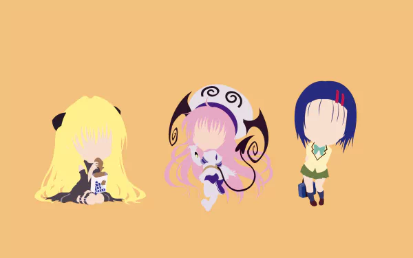 Minimalist 4K Ultra HD PC desktop wallpaper of chibi silhouettes of Haruna Sairenji, Lala Satalin Deviluke, and Golden Darkness from To Love-Ru on a warm orange background.