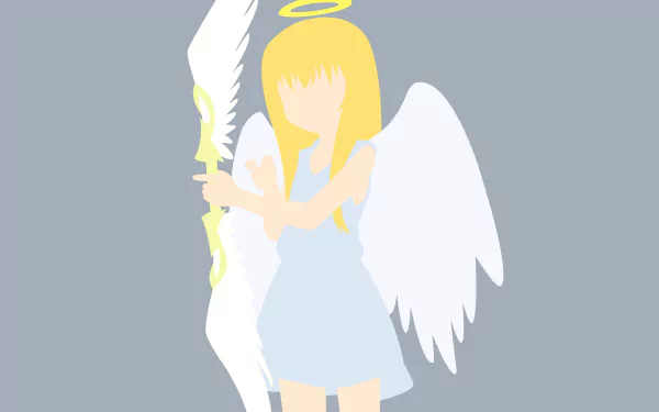 4K PC wallpaper of Gabriel Tenma White (Gabriel DropOut): blonde anime angel with halo and white wings in a pale blue dress holding a large white feather on gray background.