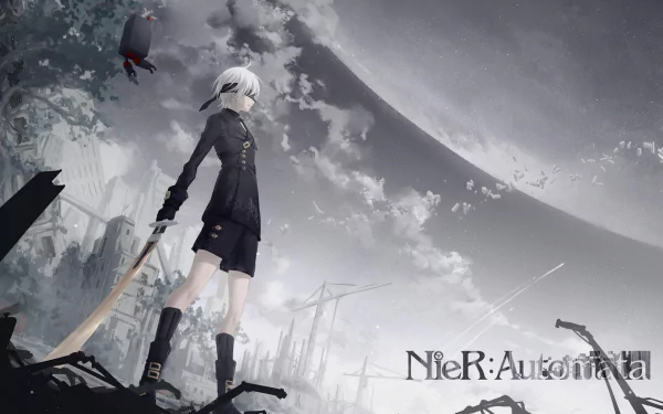 HD PC desktop wallpaper featuring YoRHa No.9 Type S from the video game NieR: Automata, set against a dramatic, post-apocalyptic landscape.
