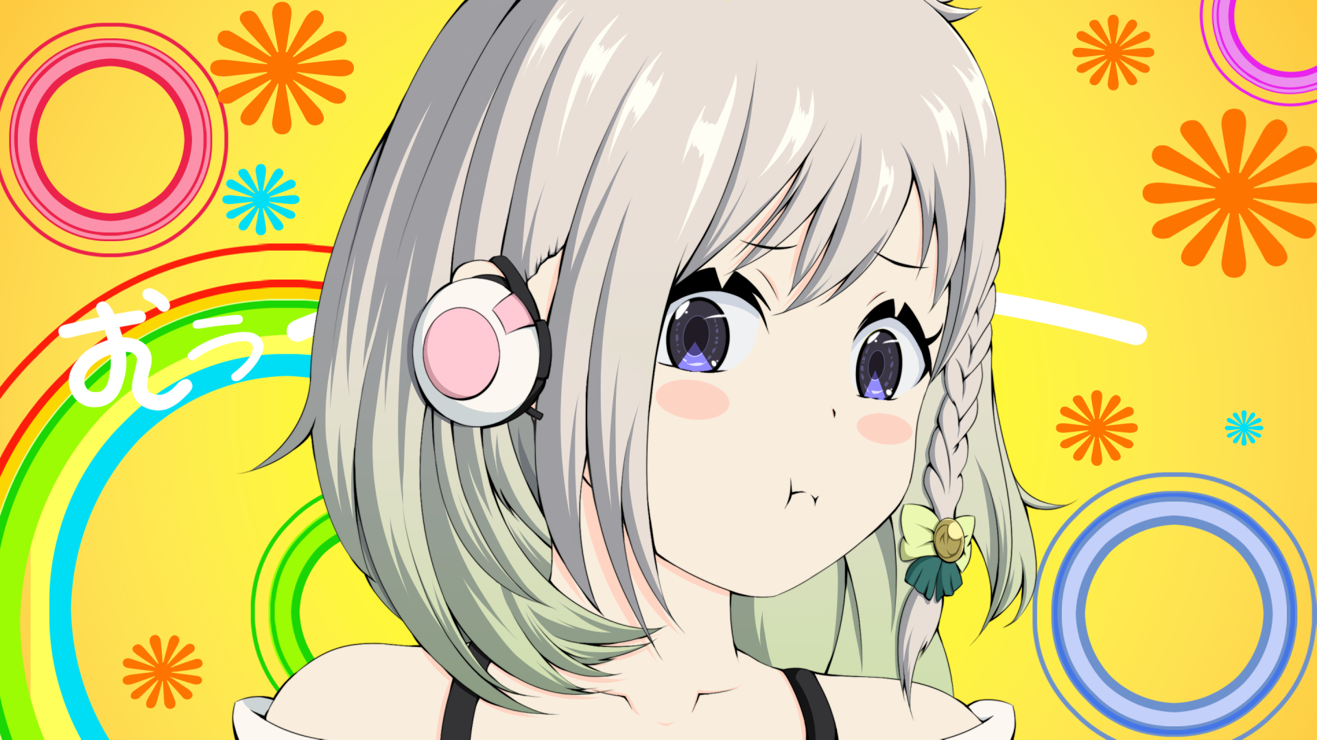 Anime-style HD desktop wallpaper featuring YuNi, a Virtual YouTuber, with silver hair, headphones, and a playful expression against a vibrant, colorful background.