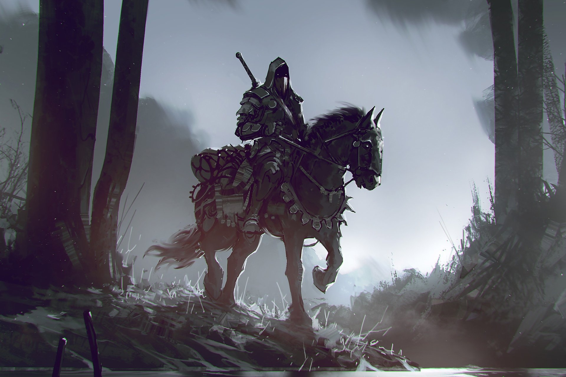 Epic Fantasy Warrior on Horseback HD Dark Forest Wallpaper by Ömer Tunç