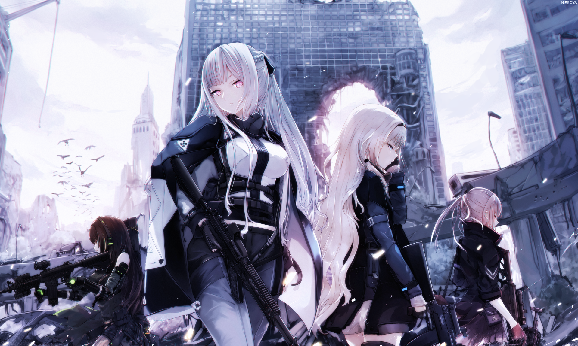 HD desktop wallpaper featuring characters M4A1, AR15, AN-94, and AK-12 from the video game Girls Frontline, set against a backdrop of a destroyed cityscape.