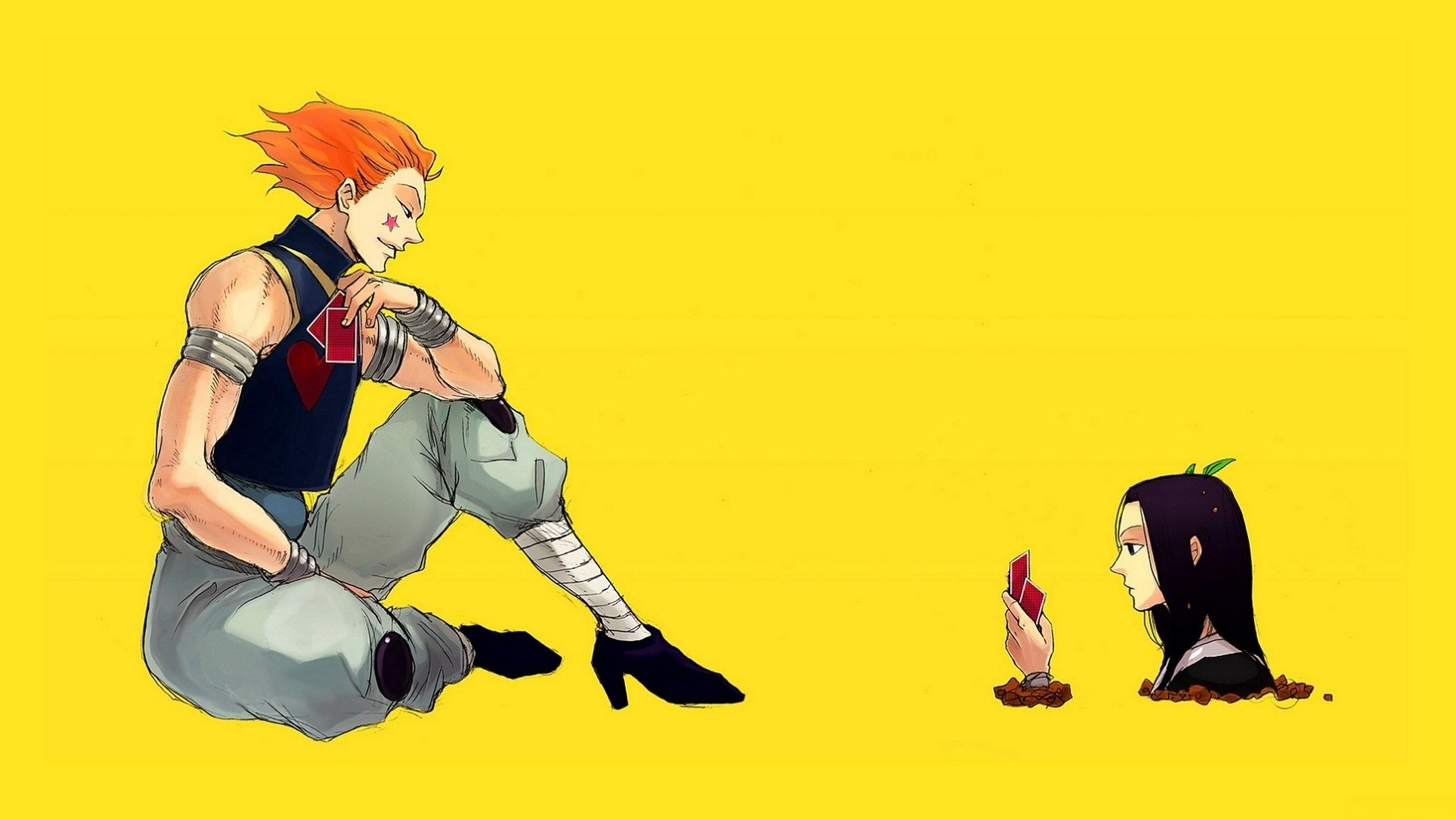 HD anime desktop wallpaper featuring Hisoka and Illumi Zoldyck from Hunter × Hunter against a bright yellow background.