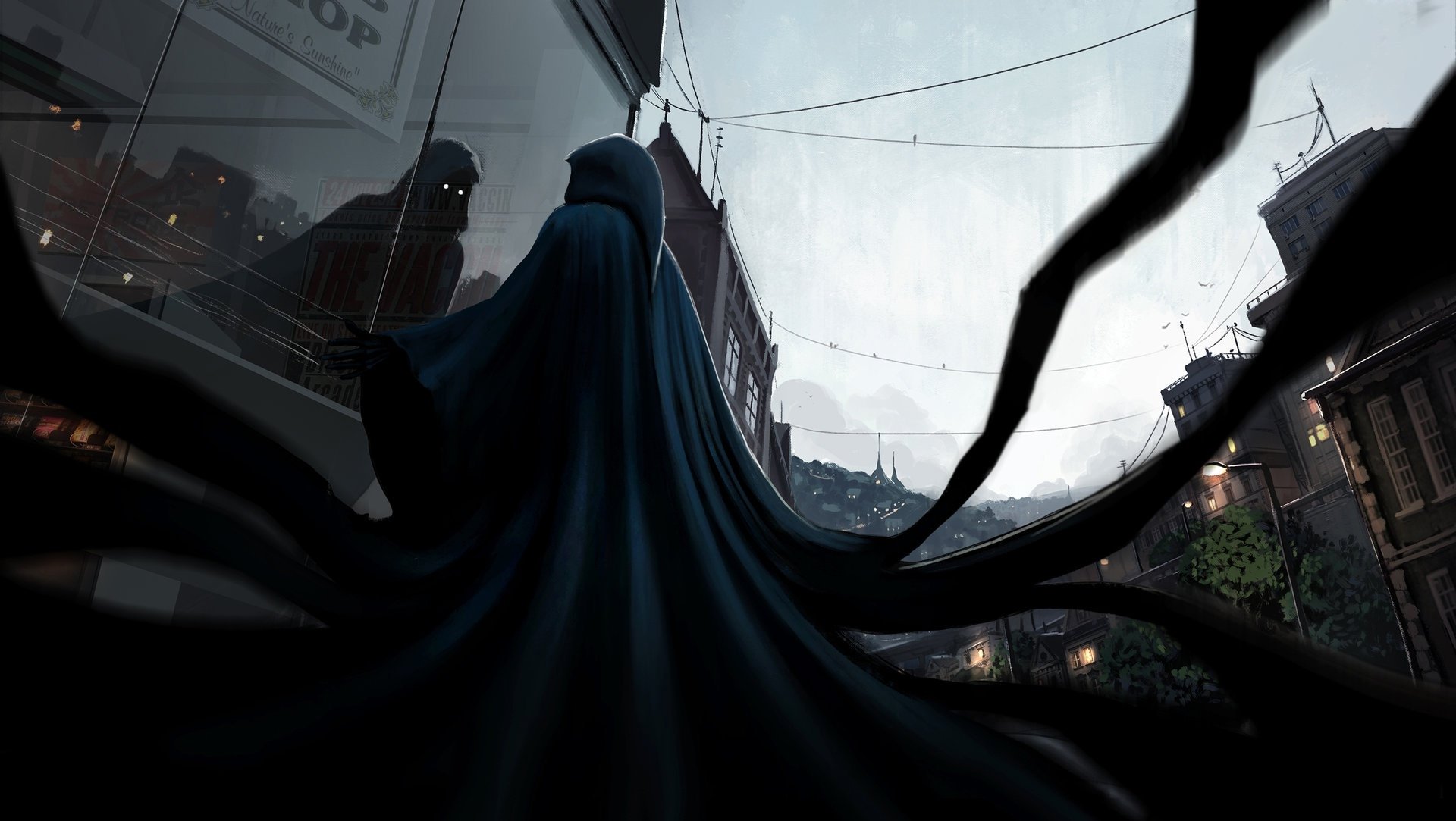 HD PC desktop wallpaper/background: a dark hooded creature with writhing tentacles looms over a rain-soaked alley, its warped reflection shimmering beneath a pale moon.