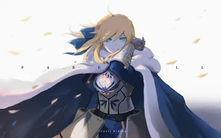 HD desktop wallpaper featuring Artoria Pendragon, also known as Saber from Fate/Stay Night, clad in detailed armor with blonde hair flowing against a soft sky background.