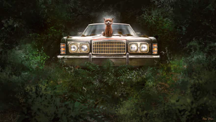 An HD fantasy desktop wallpaper featuring a fox sitting on the hood of a classic car, surrounded by a lush, dense forest.