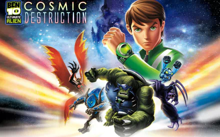 Ben 10 HD PC desktop wallpaper from the video game Ben 10 Ultimate Alien: Cosmic Destruction — Ben with the Omnitrix and three alien forms streaking across a cosmic backdrop.