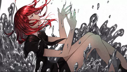 HD PC wallpaper featuring Cinnabar from the anime Land of the Lustrous, depicted with flowing red hair and surrounded by dark, fluid-like shapes.
