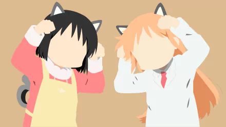 Anime-style 8K Ultra HD desktop wallpaper featuring faceless characters Hakase and Nano Shinonome from Nichijō, both wearing cat ears and playful expressions.