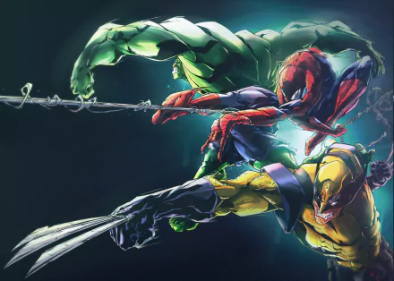 Logan Howlett (Wolverine), Bruce Banner (Hulk), and Peter Parker (Spider-Man) from X-Men and Avengers, showcased in vibrant HD Marvel Comics artwork.