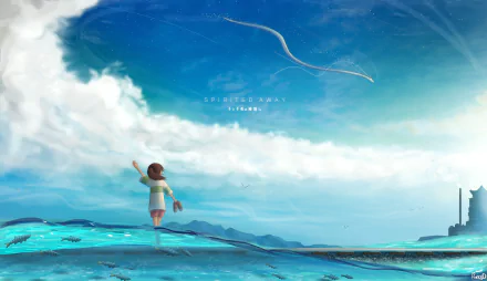 Spirited Away inspired HD desktop wallpaper featuring an anime landscape with vibrant colors and whimsical characters.