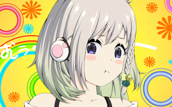 Anime-style HD desktop wallpaper featuring YuNi, a Virtual YouTuber, with silver hair, headphones, and a playful expression against a vibrant, colorful background.
