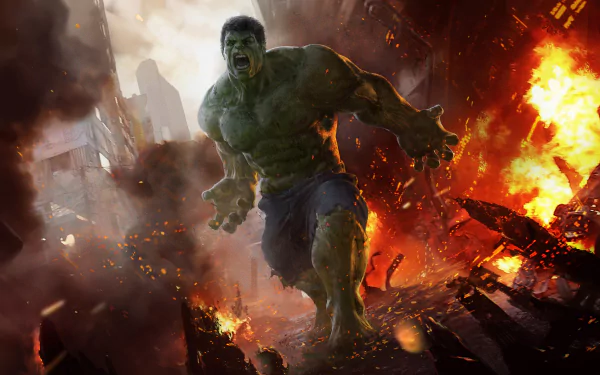 Hulk (Avengers: Age of Ultron) charging through burning city ruins, roaring amid explosions — 2K Quad HD PC desktop wallpaper and background.