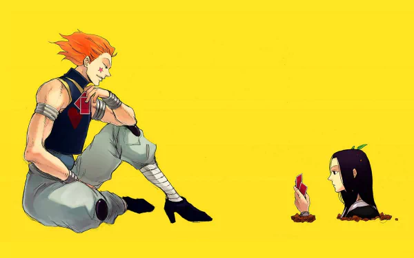 HD anime desktop wallpaper featuring Hisoka and Illumi Zoldyck from Hunter × Hunter against a bright yellow background.