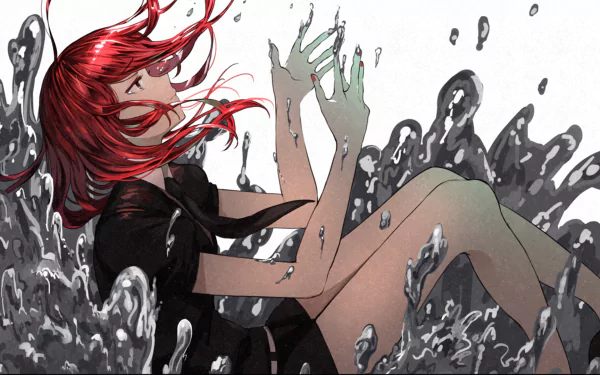 HD PC wallpaper featuring Cinnabar from the anime Land of the Lustrous, depicted with flowing red hair and surrounded by dark, fluid-like shapes.