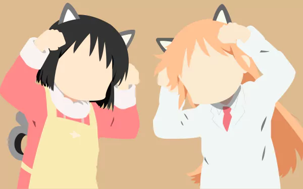 Anime-style 8K Ultra HD desktop wallpaper featuring faceless characters Hakase and Nano Shinonome from Nichijō, both wearing cat ears and playful expressions.