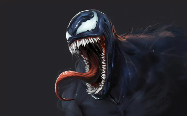 Close-up 8K Ultra HD wallpaper of Venom from the movie, featuring his open mouth with sharp teeth and long tongue against a dark background for PC desktops.