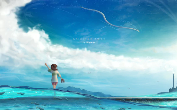 Anime HD desktop wallpaper of Spirited Away featuring a serene scene with a character standing on water, extending her hand toward the sky, with a dragon flying above and a background of clouds and mountains.