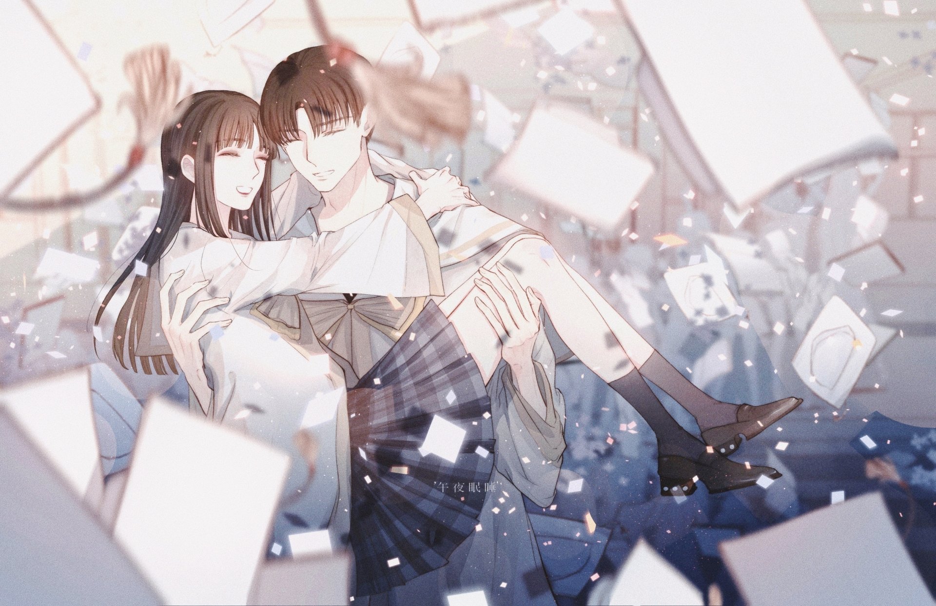 Anime couple with long brown hair and a bow, surrounded by floating papers, featured in an HD PC desktop wallpaper and background.