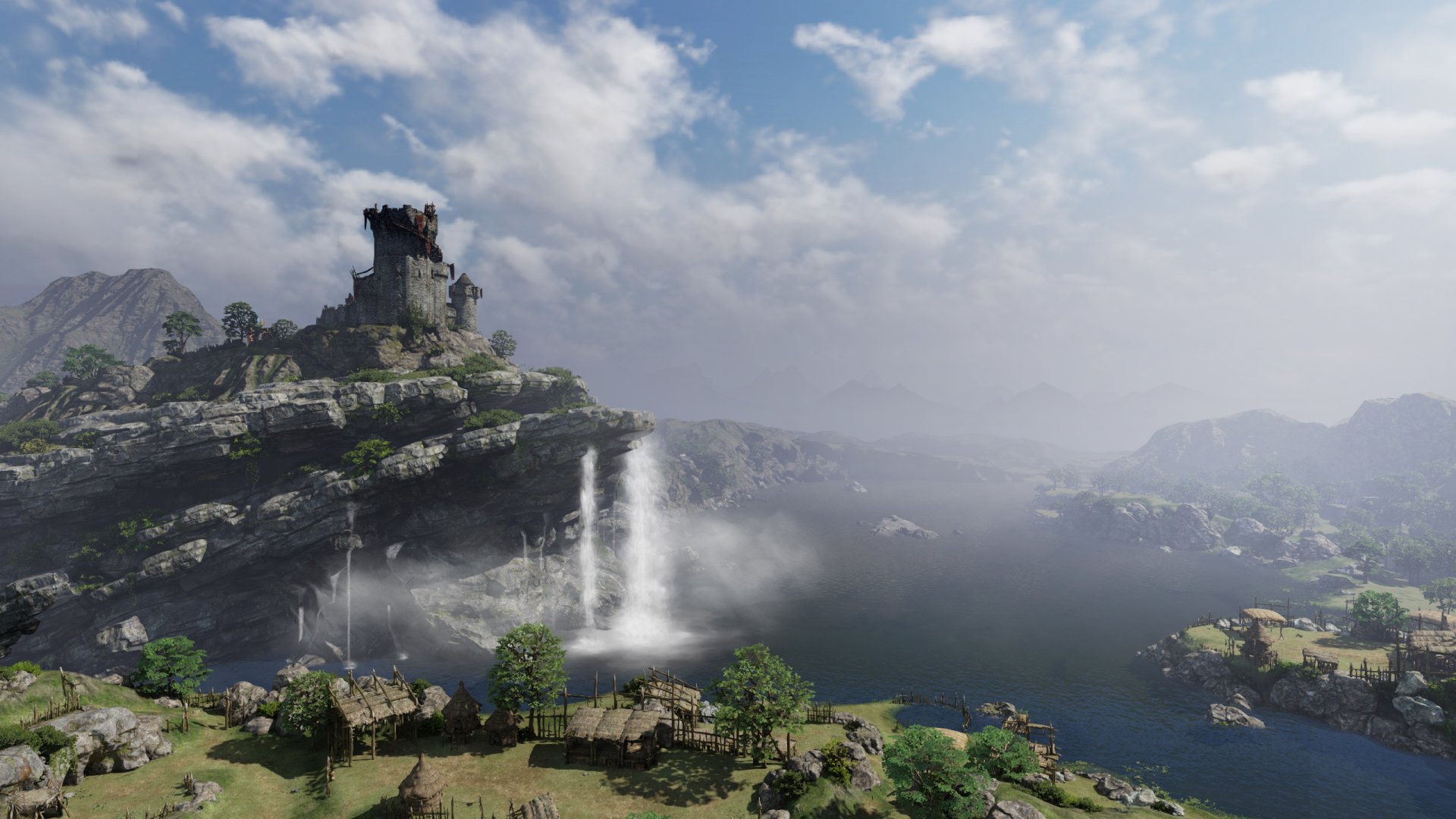 HD PC desktop wallpaper from the video game Bless Online featuring a misty landscape with a castle on a rocky hill and waterfalls cascading into a lake.