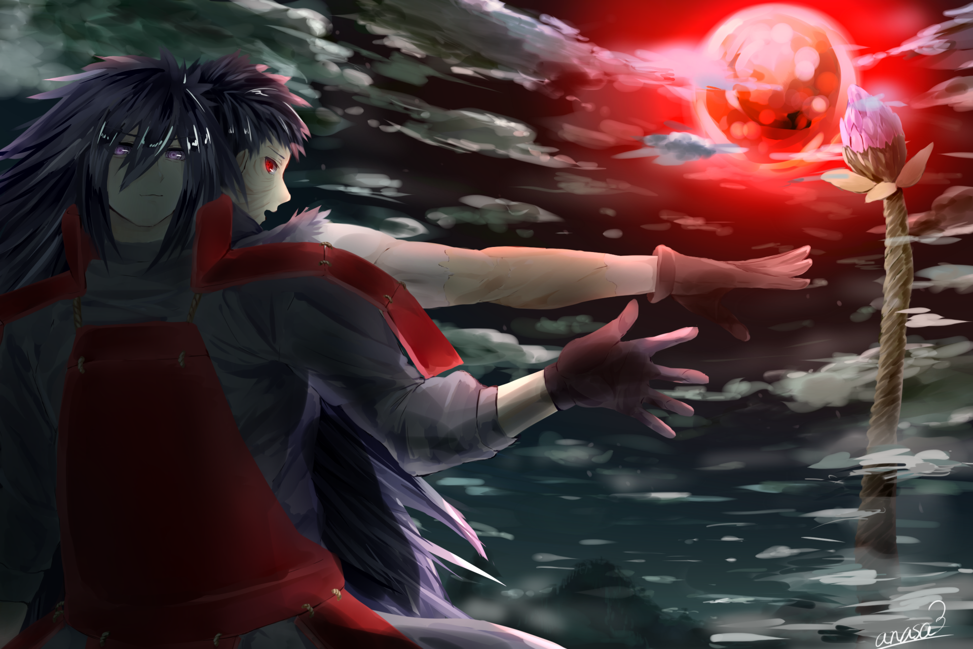 Madara and Obito Uchiha from Naruto: Madara reaches for a glowing red orb above churning water and stormy skies — 2K Quad HD PC desktop wallpaper/background.