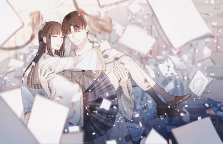 Anime couple with long brown hair and a bow, surrounded by floating papers, featured in an HD PC desktop wallpaper and background.