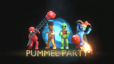 HD desktop wallpaper of Pummel Party, featuring colorful animated characters with the game's logo in the foreground.