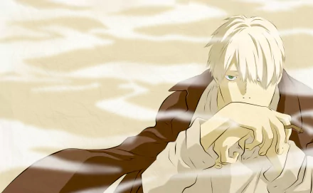HD PC desktop wallpaper featuring Ginko from the anime Mushishi, showcasing a calm, ethereal atmosphere with soft, muted tones.