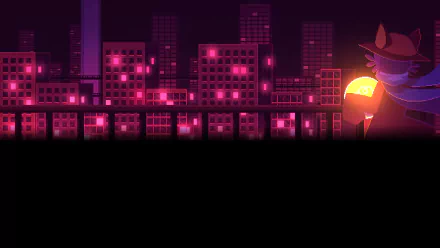 HD desktop wallpaper featuring a stylized cityscape with neon pink tones and a character holding a glowing orb from the game OneShot.