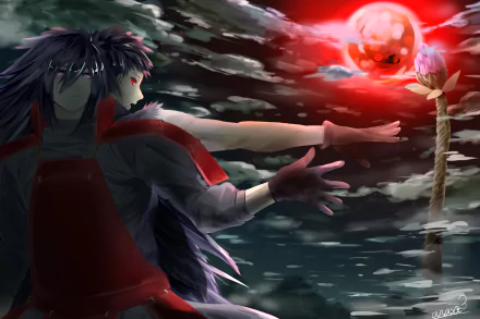 Madara and Obito Uchiha from Naruto: Madara reaches for a glowing red orb above churning water and stormy skies — 2K Quad HD PC desktop wallpaper/background.
