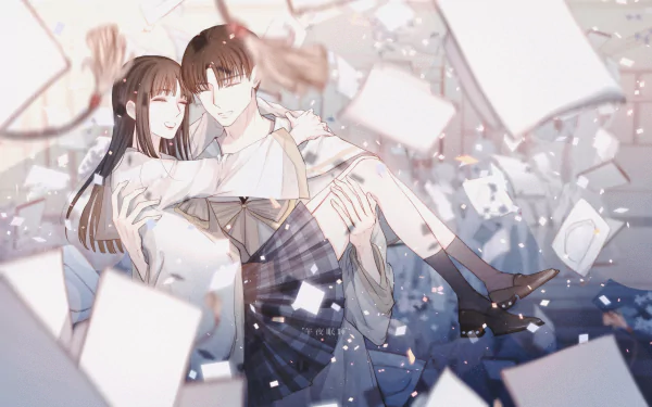 Anime couple with long brown hair and a bow, surrounded by floating papers, featured in an HD PC desktop wallpaper and background.