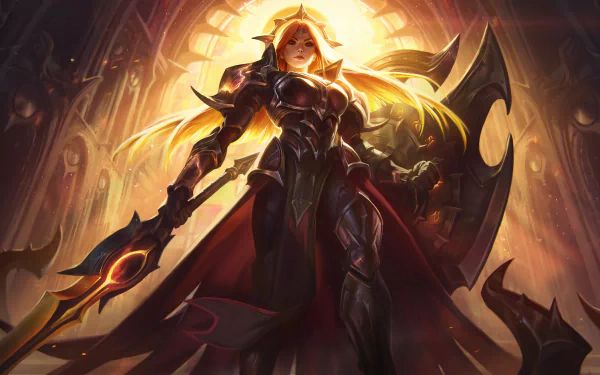 HD desktop wallpaper featuring Leona from the video game League of Legends. She stands powerfully in ornate armor with glowing light and a dynamic pose, embodying strength and valor.