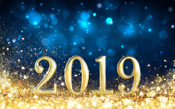 2019 in gold numbers with sparkling bokeh lights and festive holiday background in 8K Ultra HD resolution for PC desktop wallpaper.