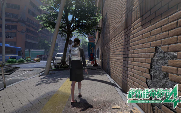 HD wallpaper of Zettai Zetsumei Toshi 4 Plus: Summer Memories featuring a character exploring a sunlit city street.