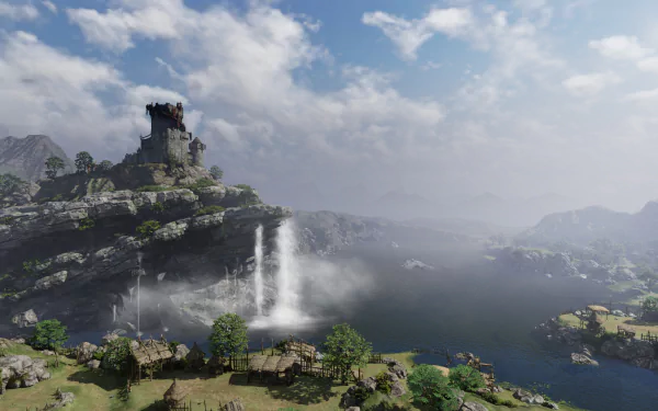 HD PC desktop wallpaper from the video game Bless Online featuring a misty landscape with a castle on a rocky hill and waterfalls cascading into a lake.