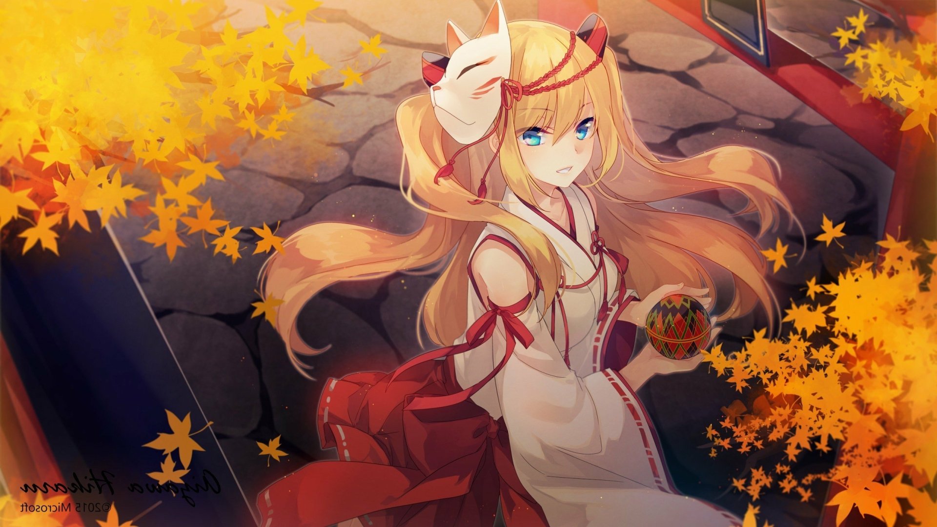 Autumn anime Os-tan girl in traditional attire with a fox mask, cradling a decorative ball among falling maple leaves — 2K Quad HD PC desktop wallpaper background.