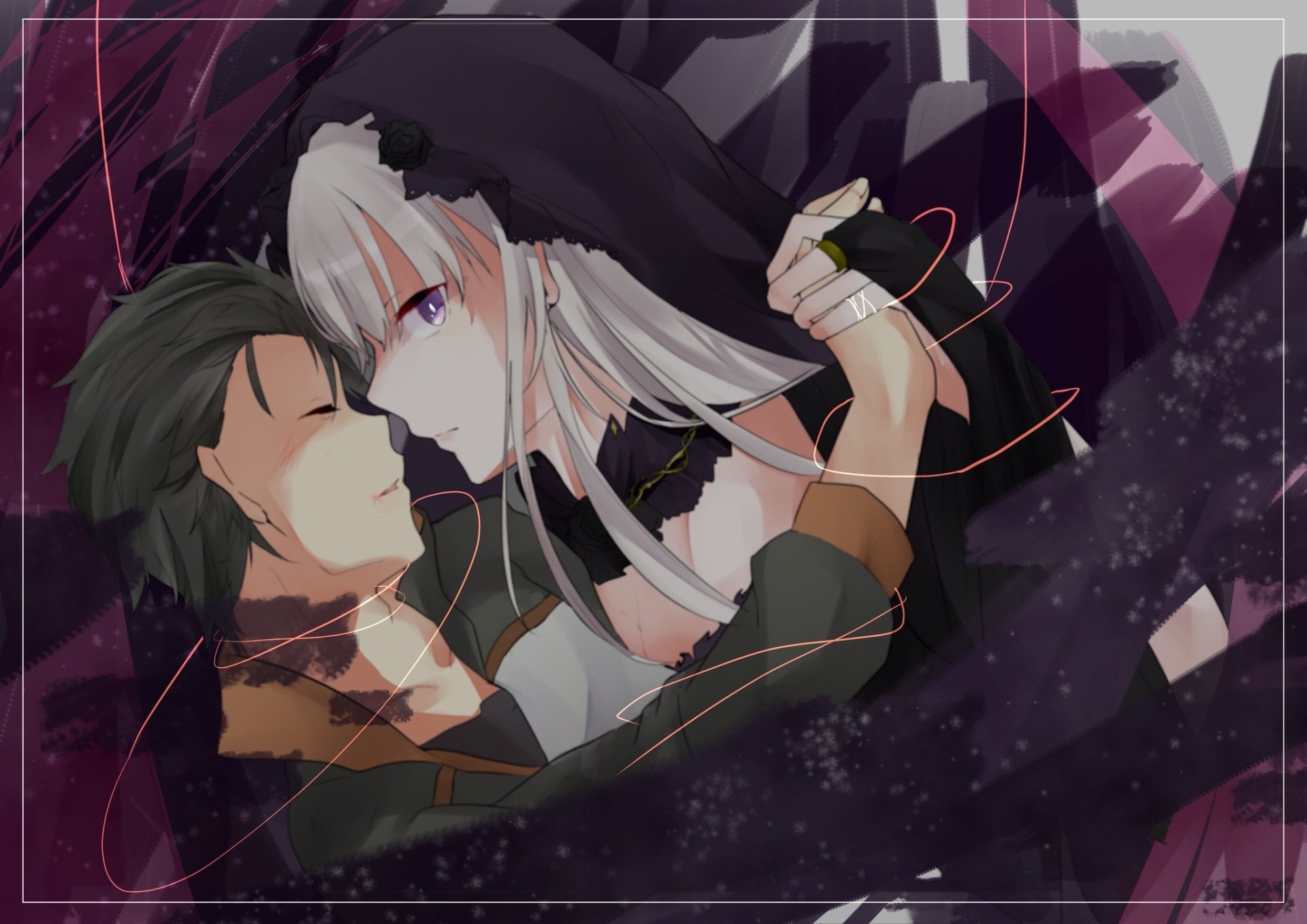 HD PC desktop wallpaper featuring Subaru Natsuki and Satella from the anime Re:Zero - Starting Life in Another World in an intimate, close embrace.
