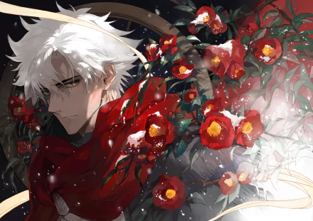 EMIYA (Assassin) from Fate/Grand Order: white-haired anime figure in a red scarf surrounded by camellias, moody 4K Ultra HD PC desktop wallpaper/background.