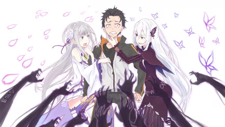 Anime crossover HD desktop wallpaper featuring Subaru Natsuki, Echidna, and Emilia from Re:Zero - Starting Life in Another World, with dark hands reaching out to Subaru and vibrant, ethereal surroundings.