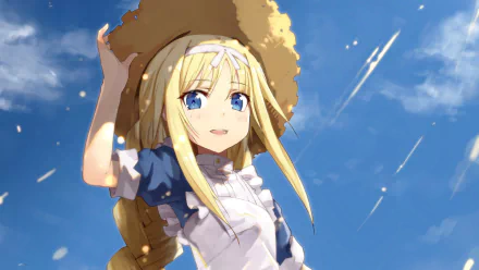 HD desktop wallpaper featuring Alice Zuberg from the anime Sword Art Online: Alicization, set against a bright blue sky background. Alice is holding a large straw hat and smiling warmly.