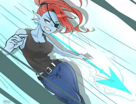 HD PC desktop wallpaper/background of Undyne (Undertale): blue-skinned, red-haired, eye-patch-wearing warrior in a black tank top lunging with glowing spear energy — video game artwork.