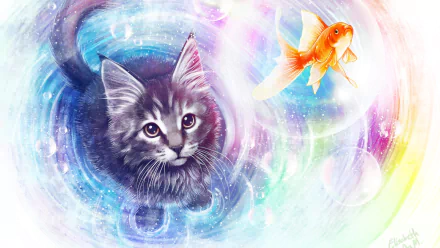Fantasy-themed HD desktop wallpaper featuring a kitten surrounded by a colorful, swirling background, gazing at a nearby goldfish.