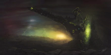 Sci-fi spaceship looming over an alien landscape with green bioluminescent glow and dramatic clouds, 2K Quad HD PC desktop wallpaper and background.