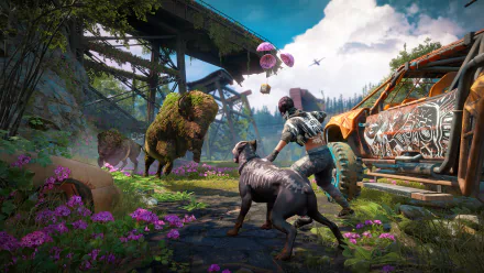 Far Cry New Dawn 4K Ultra HD PC desktop wallpaper: player and dog face two mutant bison by a graffitied vehicle under an overgrown bridge amid vivid purple wildflowers.